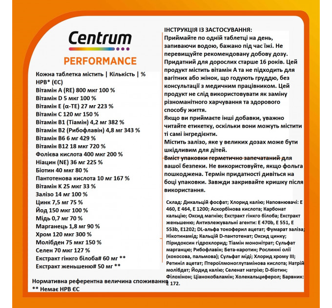 Витаминно-минеральный комплекс Centrum Performance (60 таб)