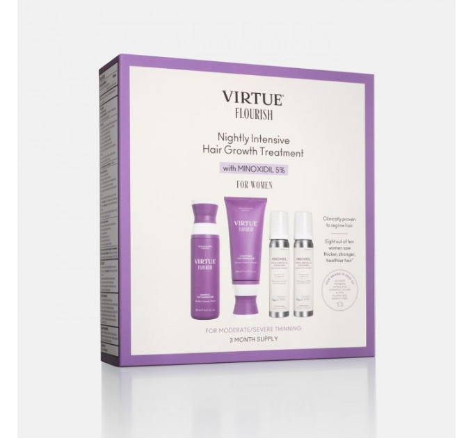 Набір для росту волосся Virtue Flourish з міноксидилом 5% (шампунь кондиціонер піна) для жінок