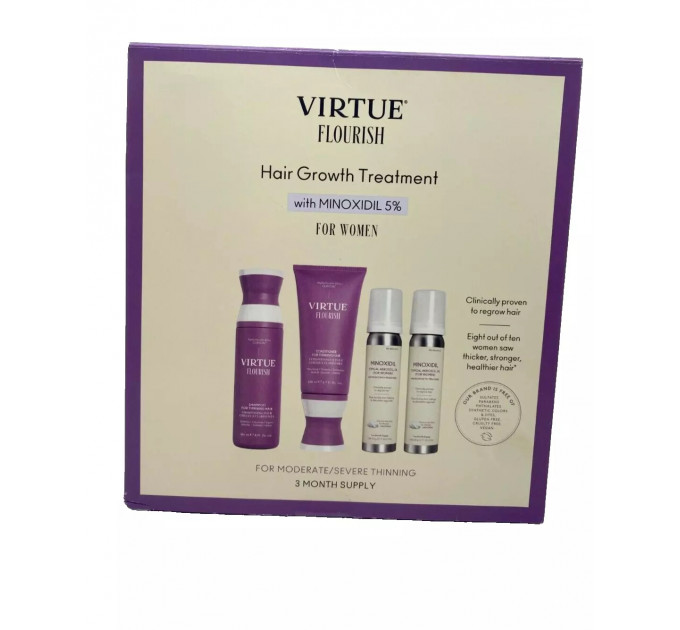 Набір для росту волосся Virtue Flourish з міноксидилом 5% (шампунь кондиціонер піна) для жінок