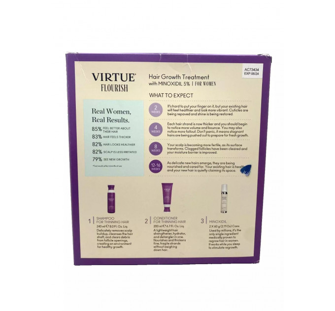 Набір для росту волосся Virtue Flourish з міноксидилом 5% (шампунь кондиціонер піна) для жінок