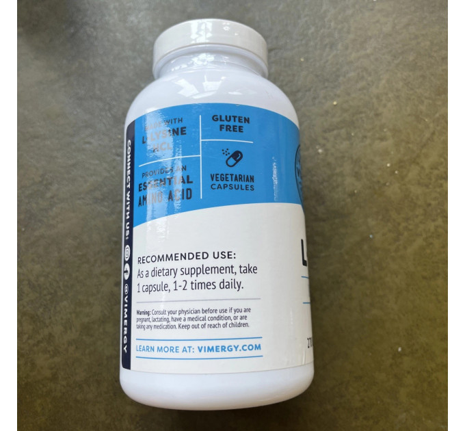 Капсули L-Lysine Vimergy 270 шт для здоров'я шкіри волосся та нігтів