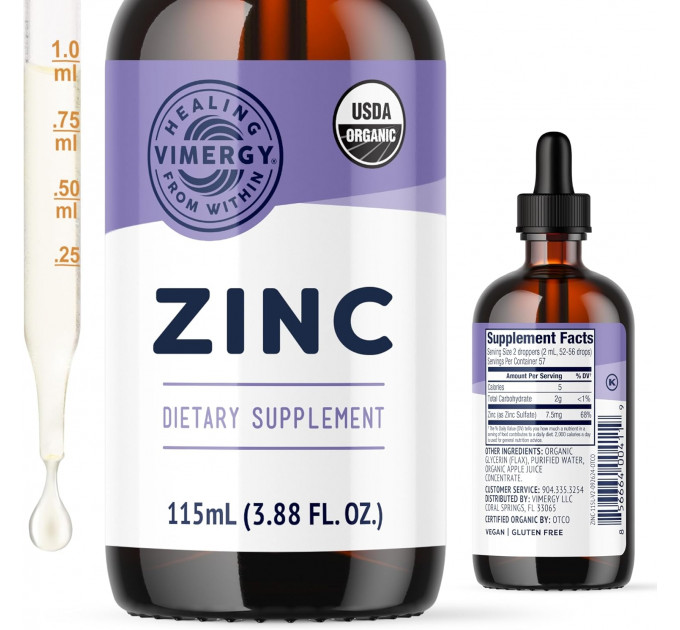 Швидкозасвоюваний органічний цинк для імунітету Vimergy Organic Liquid Zinc 115 мл (57 порцій)
