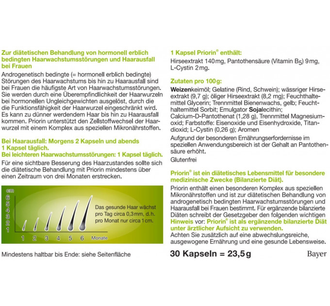 Капсули проти випадіння волосся Bayer Priorin з вітамінами і рослинними екстрактами 30 шт