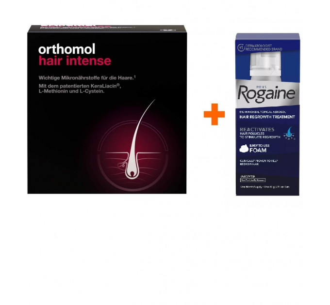 Комплекс вітамінів Orthomol Hair Intense 180 капсул і піна міноксидилу Rogaine 60 г для росту волосся