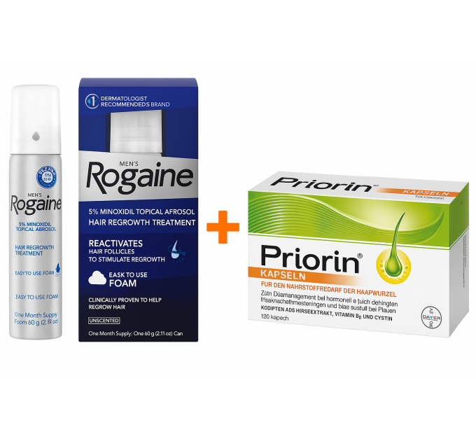 Комплекс вітамінів Bayer Priorin 30 шт і піна міноксидилу Rogaine 60 г для росту волосся