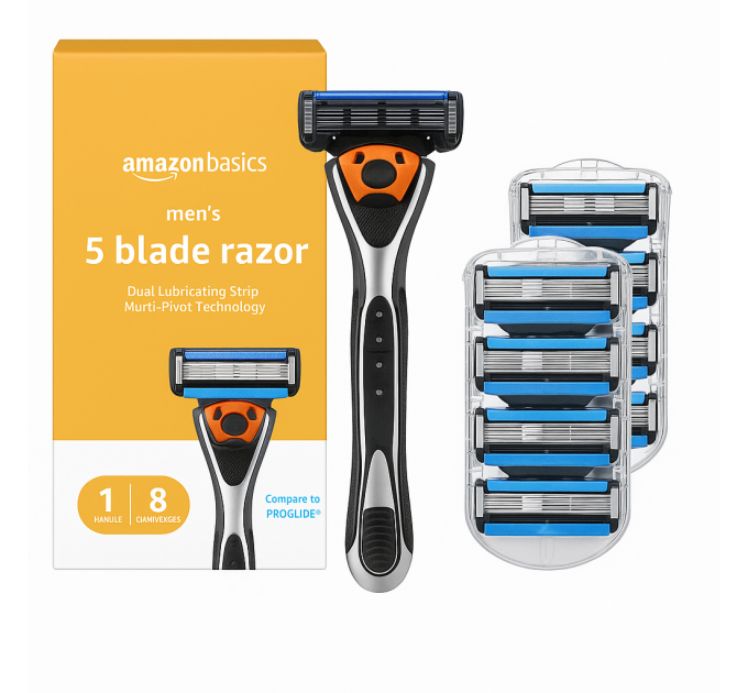 Станок для гоління Amazon Basics 5-Blade з 8 змінними касетами і вбудованим тримером