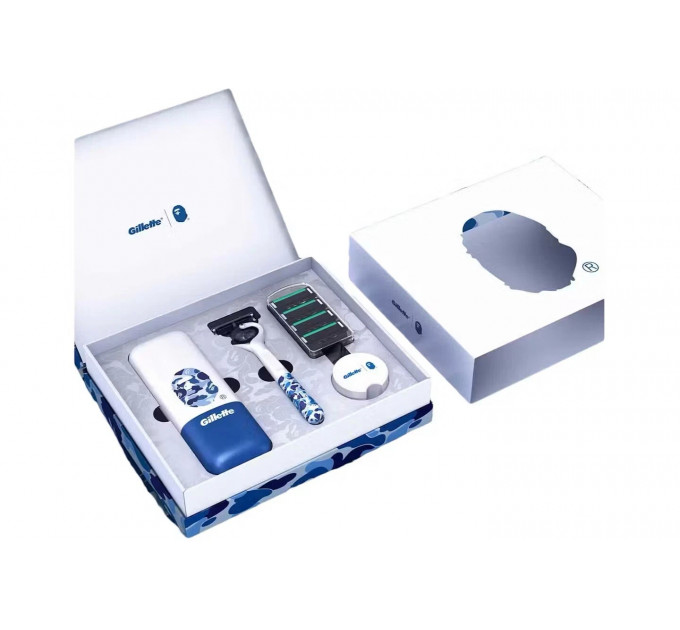 Подарунковий набір для гоління Gillette Bape Blue Camo лімітована серія (бритва, 5 картриджів, підставка та футляр)