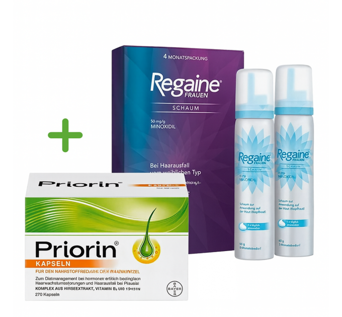 Лікувальний комплекс від випадіння волосся Priorin Kapseln 270 капсул і Regaine Schaum 2 флакони по 60 г