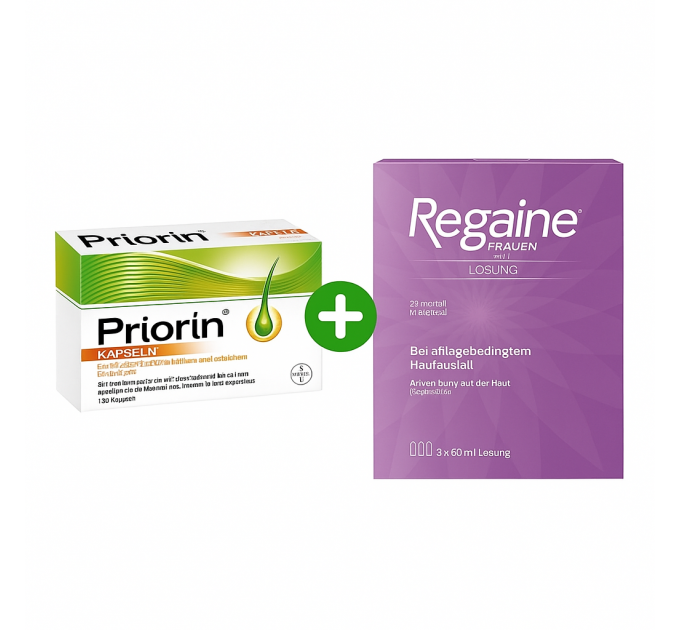 Набір для зміцнення та росту волосся Priorin Neu Kapseln 120 шт і розчин Regaine Frauen Lösung 3 флакони по 60 г для жінок