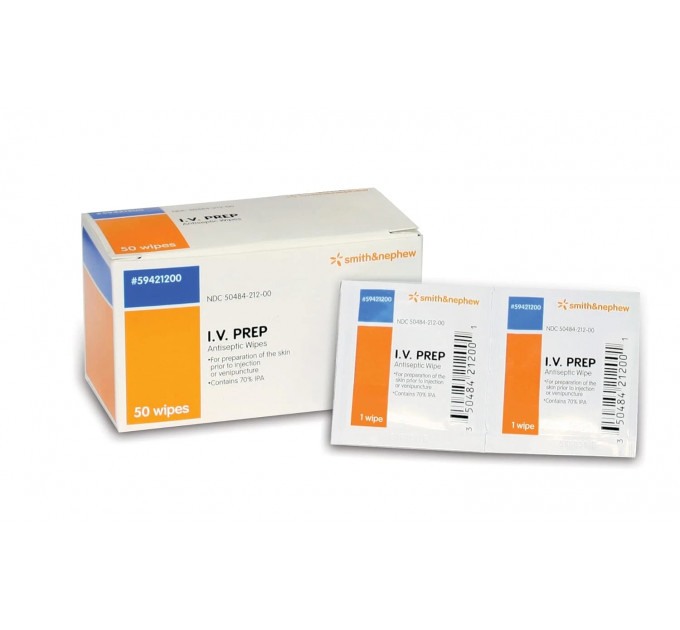 Стерильні спиртові антисептичні серветки перед медичними процедурами Smith+Nephew I.V. PREP 50 шт.