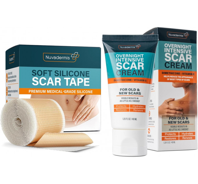 Набір для догляду за рубцями Nuvadermis Silicone Scar Tape & Overnight Intensive Scar Cream Duo (крем 40 мл і пластир 4 см × 300 см)