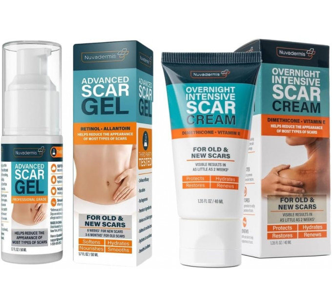 Набір для шрамів і рубців Nuvadermis денний гель AM Scar Gel 50 мл і нічний крем PM Intensive Scar Cream 40 мл