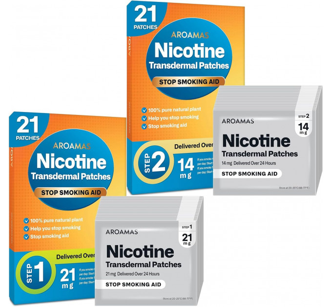 Нікотинові пластирі Aroamas Nicotine Patches рівень 1 і 2 (21 шт по 21 мг і 21 шт по 14 мг нікотину)
