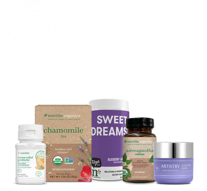 Набір вітамінів і косметики Amway Nutrilite Sleep + Stress Solution для сну та зняття стресу 5 предметів (чай мармеладки ашваганда пробіотик маска для обличчя)