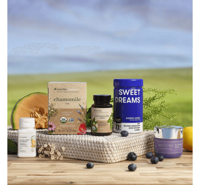Набір вітамінів і косметики Amway Nutrilite Sleep + Stress Solution для сну та зняття стресу 5 предметів (чай мармеладки ашваганда пробіотик маска для обличчя)