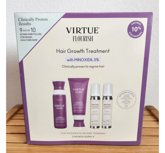 Набір для стимуляції росту волосся Virtue Labs Flourish курс на 3 місяці (шампунь 240 мл, кондиціонер 200 мл, піна з міноксидилом 5% 2 шт. і щітка)
