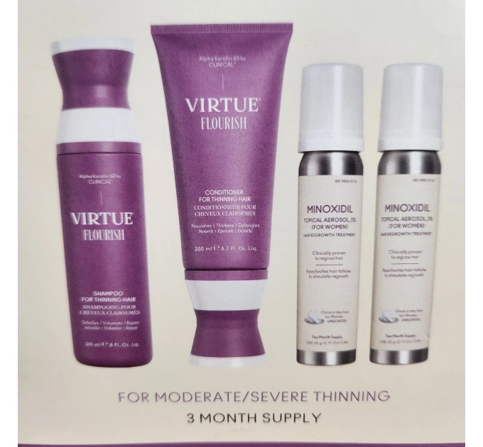 Набір для стимуляції росту волосся Virtue Labs Flourish курс на 3 місяці (шампунь 240 мл, кондиціонер 200 мл, піна з міноксидилом 5% 2 шт. і щітка)