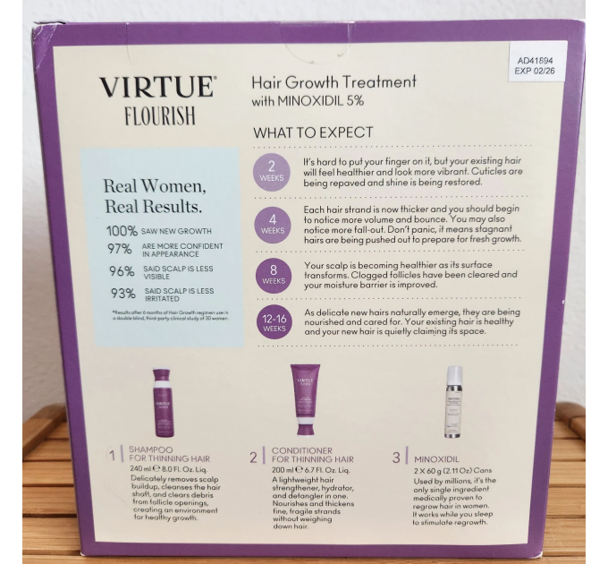 Набір для стимуляції росту волосся Virtue Labs Flourish курс на 3 місяці (шампунь 240 мл, кондиціонер 200 мл, піна з міноксидилом 5% 2 шт. і щітка)
