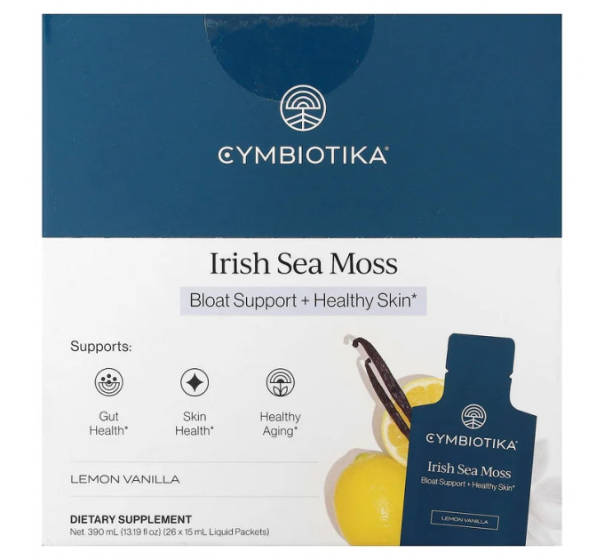 Органический морской мох Cymbiotika Irish Sea Moss Lemon Vanilla с алоэ вера и минералами 390 мл 26 пакетиков