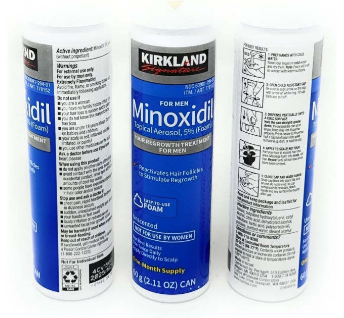 Набор мужской косметики от выпадения волос Kirkland Signature Minoxidil 5% (3 флакона пены по 60 г)