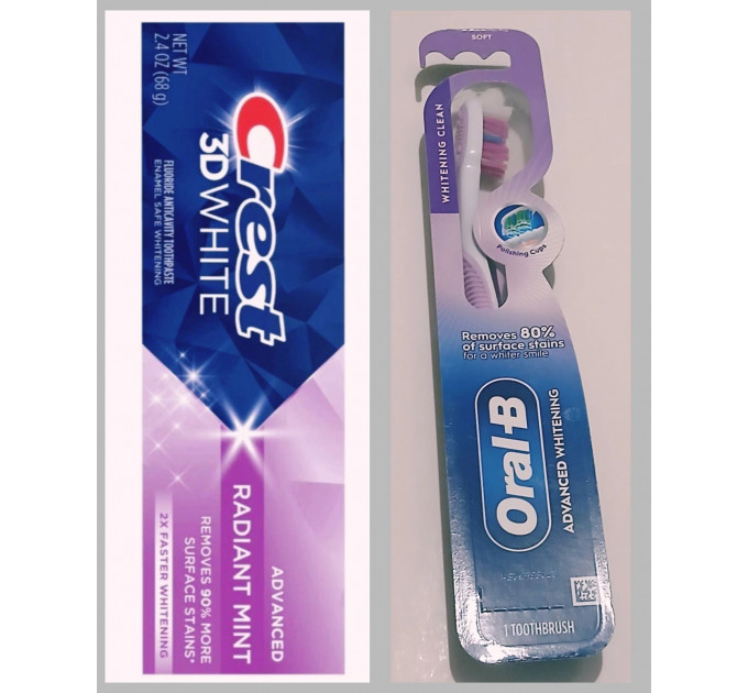 Набір для відбілювання зубів паста Crest 3D White Advanced Radiant Mint 68 г і м'яка зубна щітка Oral-B Advanced Whitening