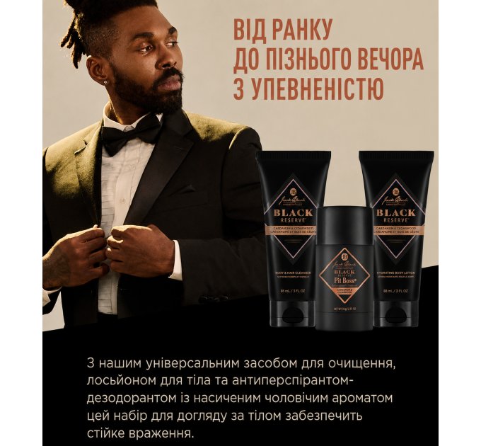 Подарунковий набір чоловічої косметики для тіла Jack Black Black Reserve Body Collection (гель 88 мл + лосьйон 88 мл + дезодорант 78 г)