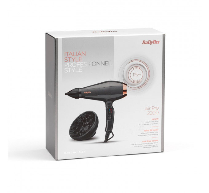 Фен для волосся BaByliss Italian Air Pro 6719DE з дифузором та іонізацією 2200 Вт чорний