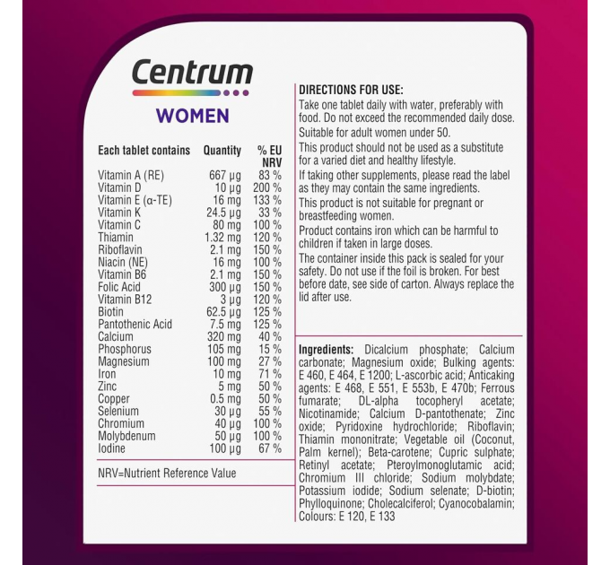 Вітамінно-мінеральний комплекс для жінок від 50 років Centrum Women 50+ (30 таблеток на 30 днів)