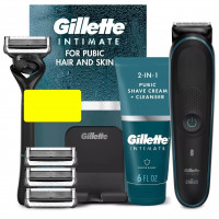 Чоловічий набір для догляду за волоссям інтимних зон Gillette Intimate (тример і бритва з трьома картриджами/підставкою та крем для гоління 177 мл)