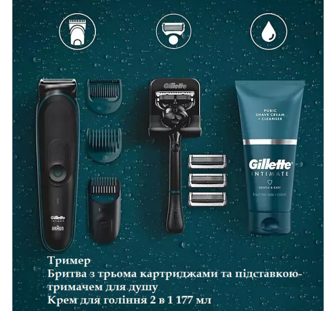 Чоловічий набір для догляду за волоссям інтимних зон Gillette Intimate (тример і бритва з трьома картриджами/підставкою та крем для гоління 177 мл)