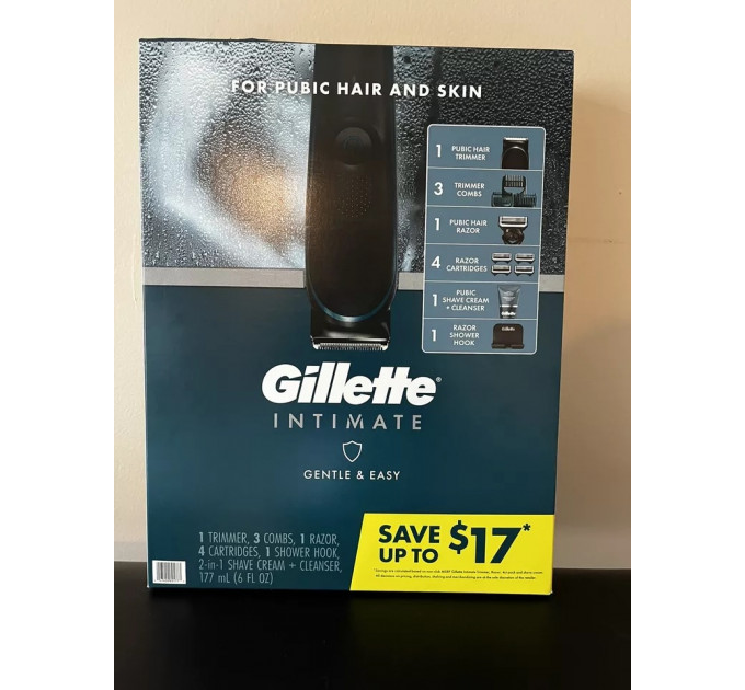 Чоловічий набір для догляду за волоссям інтимних зон Gillette Intimate (тример і бритва з трьома картриджами/підставкою та крем для гоління 177 мл)