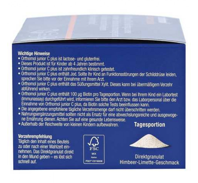 Вітамінний комплекс для дітей від 4 до 14 років Orthomol Junior C Plus (гранули прямої дії зі смаком малини та лайма на 30 днів)