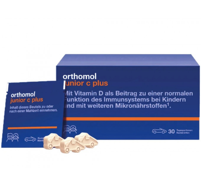 Вітамінний комплекс для дітей від 4 до 14 років Orthomol Junior C Plus (90 жувальних цукерок у вигляді машинок зі смаком мандарину та апельсину на 30 днів)