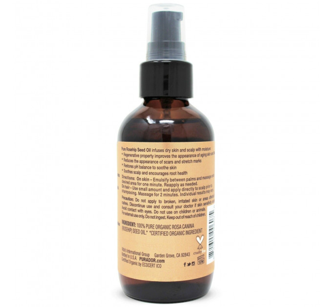 Натуральна олія шипшини для лікування шрамів та прищів покращення волосся та шкіри з омолоджуючим ефектом Pura D'or Organic rosehip seed oil 118 мл