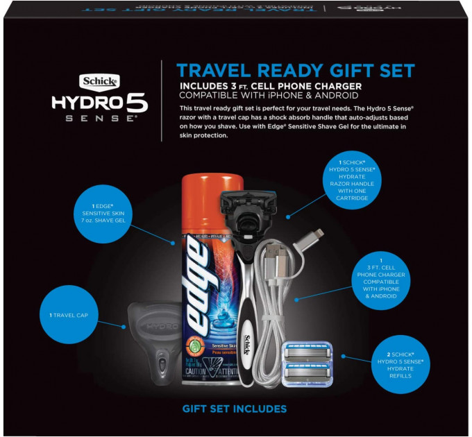 Подарочный набор для бритья Schick Hydro 5 Sense Hydrate с кабелем для зарядки телефона