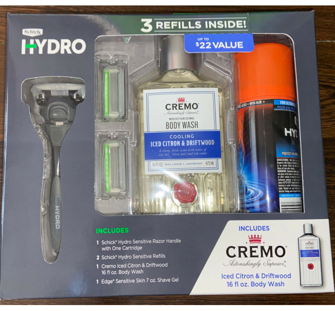 Подарочный набор Schick Hydro (станок Schick Hydro с запасными картриджами + гель для бритья Edge + гель для душа Cremo)