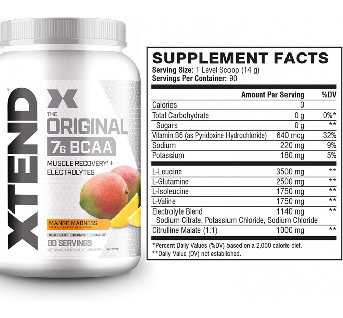 Комплекс амінокислот Scivation XTEND 7g BCAA Mango Madness 90 порцій зі смаком манго (1,26 кг)