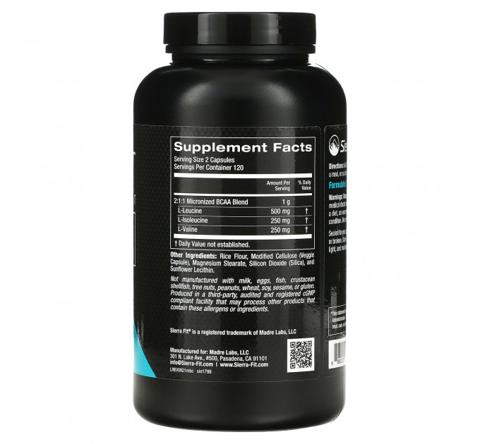 Микронизированные ВСАА Sierra FIT аминокислоты с разветвленной цепью 500 мг (240 капсул)