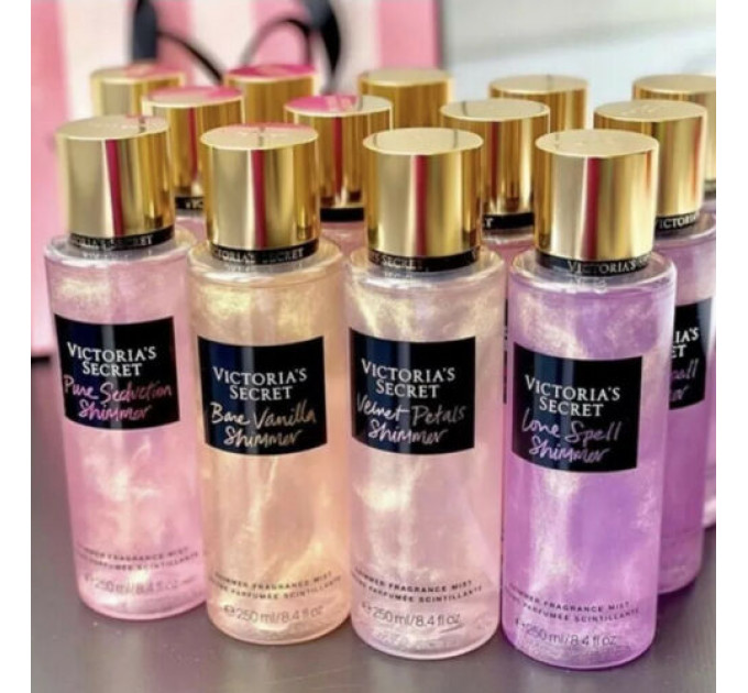 Набір із чотирьох містів для тіла Victoria's Secret Pure Seduction Bare Vanilla Velvet Petals Love Spell з шимером 4х250 мл