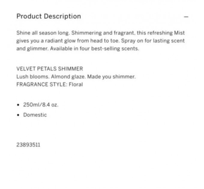 Парфюмированный набор из двух мистов для тела Victoria's Secret Velvet Petals с шиммером и без (2х250 мл)
