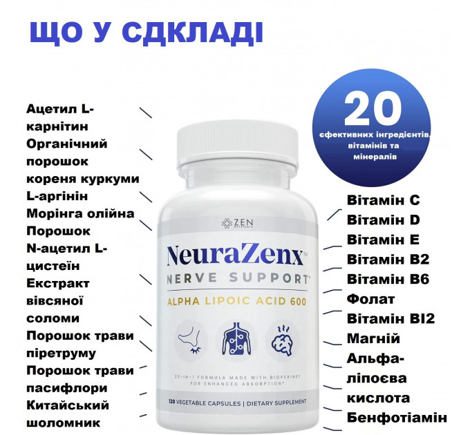 Вітаміни для нервової системи Zen Nutrients NeuraZenX від нейропатії (120 капсул)