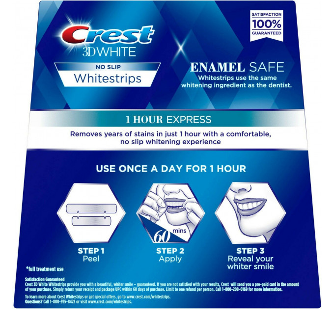 Crest 3D White No Slip Whitestrips Dental Whitening Kit 1 Hour Express 8 шт Отбеливающие полоски для зубов 