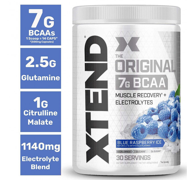 Амінокислоти з розгалуженим ланцюгом Scivation Xtend Original BCAA Powder Blue Raspberry Ice зі смаком ожинового морозива, 30 порцій