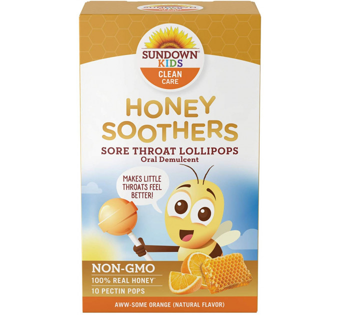 Sundown Kids Honey Soother Sore Throat Lollipops со вкусом апельсина, 10 леденцов с пектином - Леденцы от боли в горле  