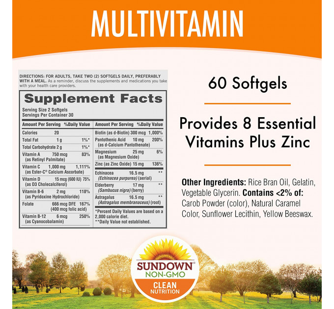 Sundown Multivitamin Plus 24 hr Immune Support, 60 капсул - Мультивитамины + 24 ч. иммунная поддержка