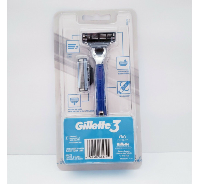 Станок для бритья Gillette 3 Aqua-Grip Men's Razor handle 2 Refills (1 станок и 2 сменных картриджа)