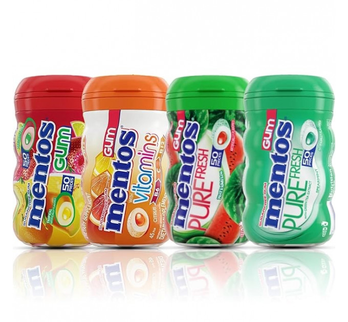Жевательная резинка Mentos Gum без сахара 4 вкуса фруктово-мятный микс 4 банки по 50 драже