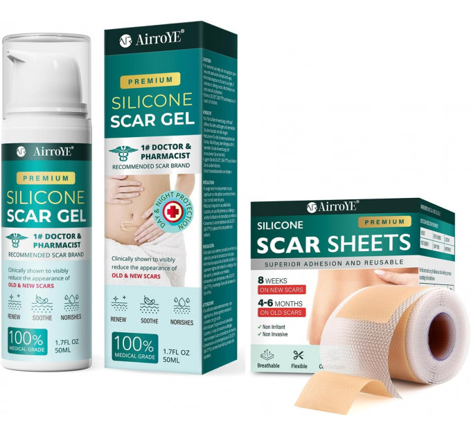 Набір від рубців AirroYE силіконовий гель 50 мл і пластир в рулоні 4×150 см