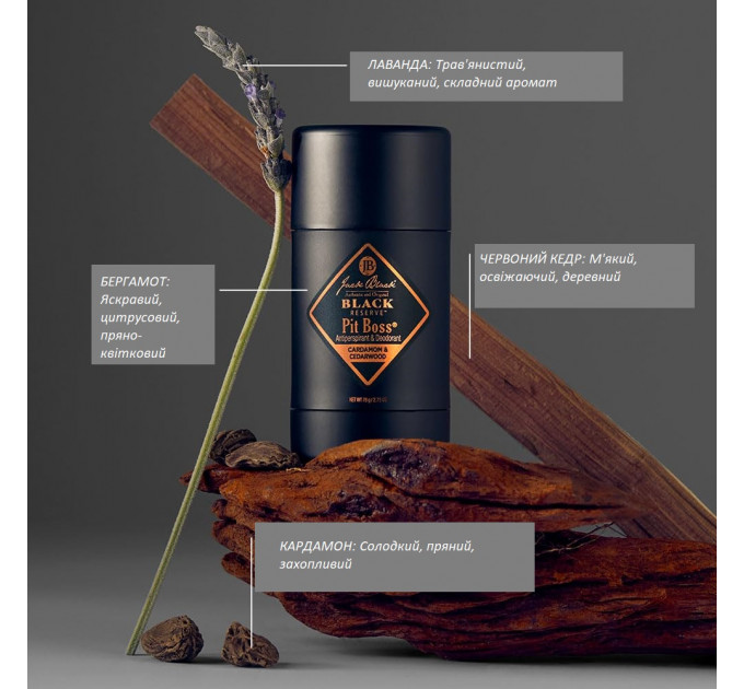 Парфумований антиперспірант для чоловіків Jack Black Pit Boss з ароматом кардамону та кедра 78 г