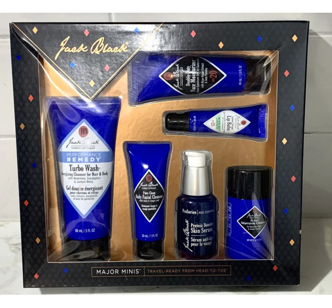 Подарунковий набір чоловічої косметики Jack Black із сироваткою, дезодорантом, зволожувальним кремом, гелем для душу та бальзамом для губ